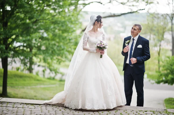 新婚ゴージャスで幸せの結婚式の日に緑豊かな公園でカップルの立っています — ストック写真
