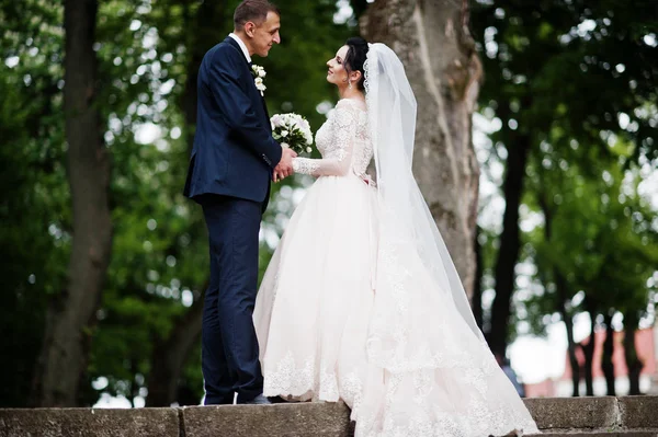 新婚ゴージャスで幸せの結婚式の日に緑豊かな公園でカップルの立っています — ストック写真