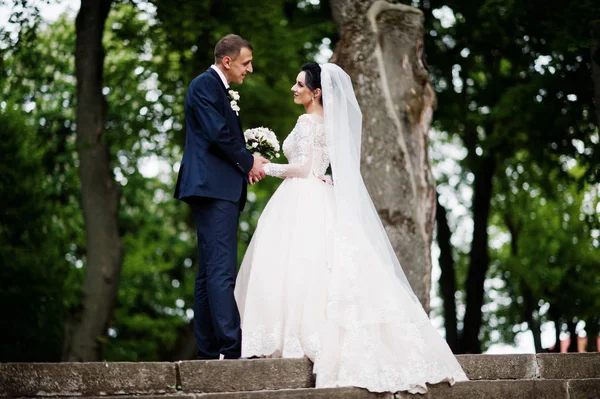 Lindo Feliz Casal Recém Casado Parque Verde Seu Dia Casamento — Fotografia de Stock