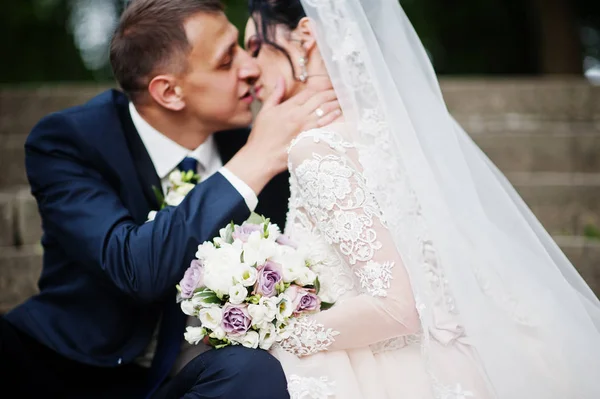 Close Photo Wedding Couple Sitting Kissing Park — Stock Photo, Image