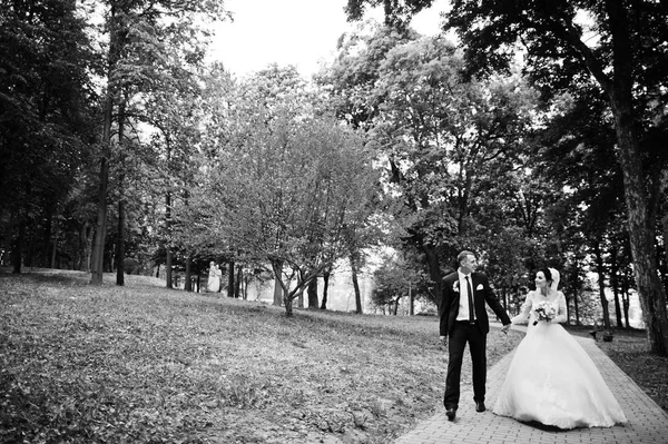 Pareja Boda Caminando Disfrutando Parque Hermoso Día Foto Blanco Negro —  Fotos de Stock