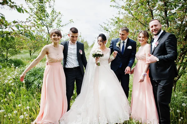 Padrinhos Com Damas Honra Casal Casamento Posando Jardim Livre — Fotografia de Stock