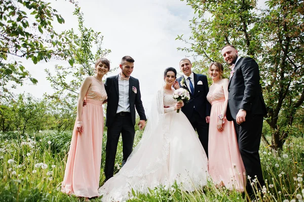 Padrinhos Com Damas Honra Casal Casamento Posando Jardim Livre — Fotografia de Stock