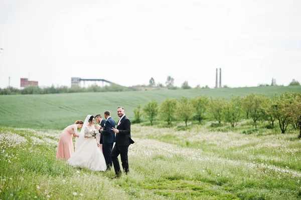 Aseo Con Damas Honor Pareja Novias Caminando Por Campo Flores — Foto de Stock