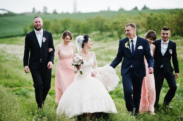 Trauzeugen Mit Brautjungfern Und Hochzeitspaar Auf Dem Blumenfeld — Stockfoto