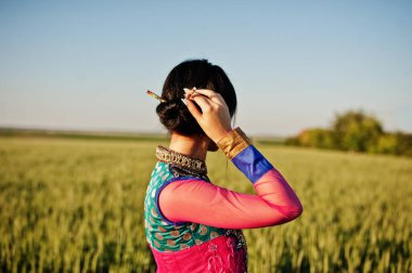 Sari, dudak makyaj menekşe ile ihale Hintli kız sahasında'nde günbatımı poz verdi. Moda Hindistan modeli.