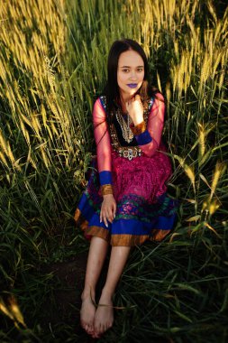 Sari, dudak makyaj menekşe ile ihale Hintli kız sahasında'nde günbatımı poz verdi. Moda Hindistan modeli.