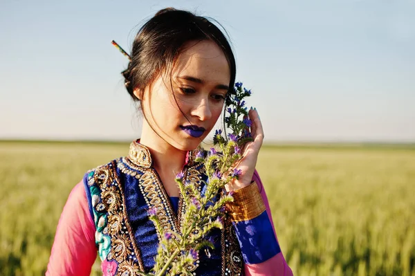 Sari, dudak makyaj menekşe ile ihale Hintli kız sahasında'nde günbatımı poz verdi. Moda Hindistan modeli.