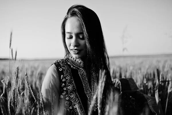 Menina Indiana Macia Saree Com Lábios Violetas Compõem Posou Campo — Fotografia de Stock