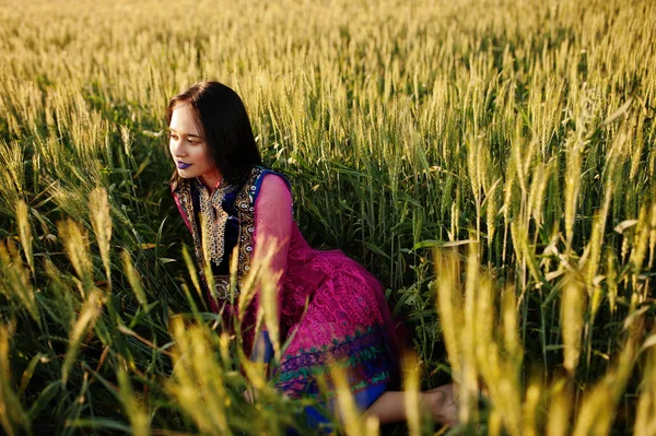 Menina Indiana Macia Saree Com Lábios Violetas Compõem Posou Campo — Fotografia de Stock