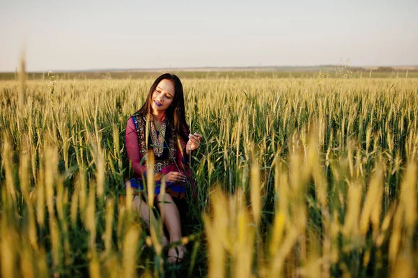 Sari, dudak makyaj menekşe ile ihale Hintli kız sahasında'nde günbatımı poz verdi. Moda Hindistan modeli.