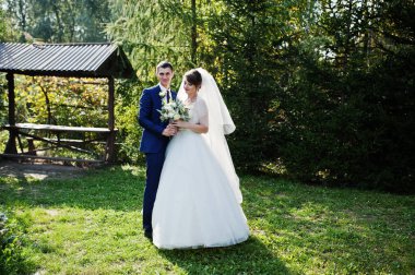 Mutlu yeni evli çift açık havada bahçe veya park ahşap gazebo yanındaki düğün gününde poz.