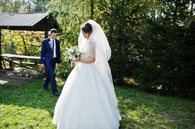 Mutlu yeni evli çift açık havada bahçe veya park ahşap gazebo yanındaki düğün gününde poz.
