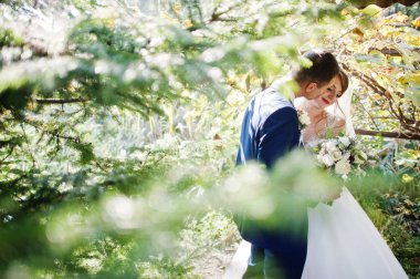 Orman veya park birbirlerinin şirket zevk genç romantik düğün çifti.