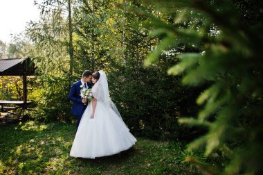 Mutlu yeni evli çift açık havada bahçe veya park ahşap gazebo yanındaki düğün gününde poz.