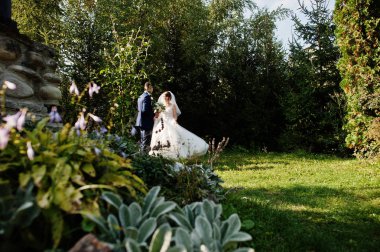 Açık havada bahçe veya park poz genç mutlu evlilik çift.