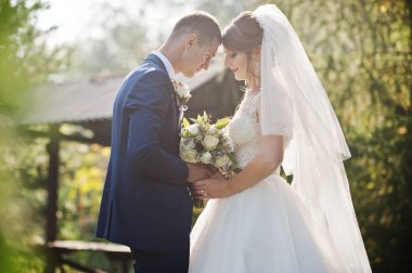 Mutlu yeni evli çift açık havada bahçe veya park ahşap gazebo yanındaki düğün gününde poz.