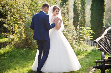 Genç yeni evli çift arabası dışarıda parkta yanında poz.