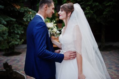 İki genç güzel düğün yürüyor ve pitoresk bölge poz.