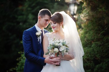 İki genç güzel düğün yürüyor ve pitoresk bölge poz.