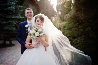 İki genç güzel düğün yürüyor ve pitoresk bölge poz.