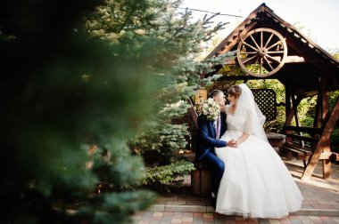 Ahşap çardak yanındaki açık havada oturup romantik düğün çifti.