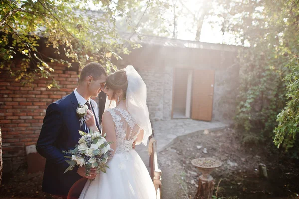 Wedding Couple Kissing Delapidated Country House Forest — Stock Photo, Image