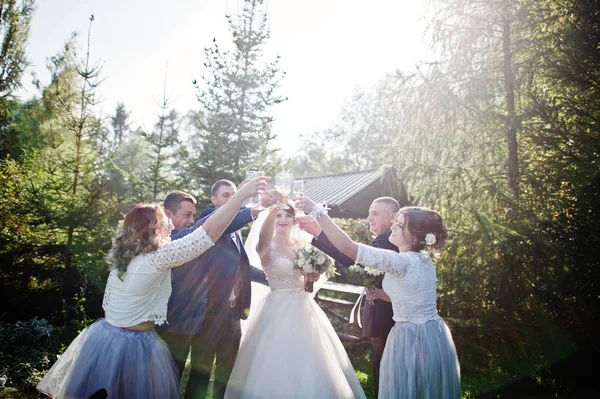 Bröllopsparet Och Marskalkar Med Tärnor Dricka Champagne Utomhus Parken Eller — Stockfoto