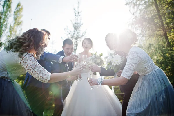 Para Ślub Drużbowie Bridesmaids Picia Szampana Świeżym Powietrzu Parku Lub — Zdjęcie stockowe