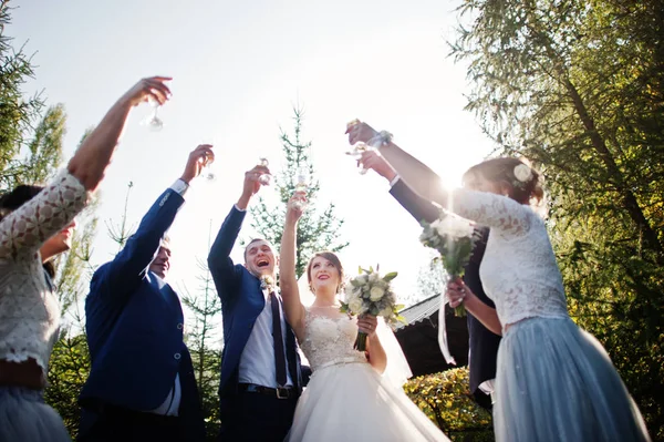 Couple Mariés Avec Demoiselles Honneur Buvant Champagne Plein Air Dans — Photo