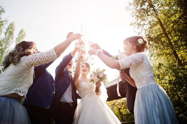 Pareja Novios Novias Con Damas Honor Bebiendo Champán Aire Libre —  Fotos de Stock