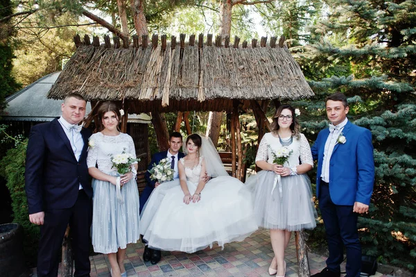 Svatební Pár Sedí Dřevěné Houpačky Družičky Mládenci Stál Vedle Nich — Stock fotografie