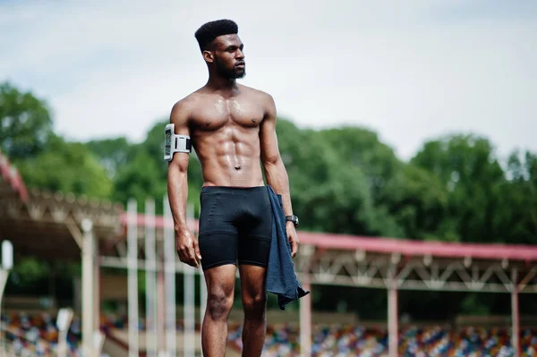 Atleta Masculino Afroamericano Sexy Deporte Torso Desnudo Hombre Con Caso — Foto de Stock