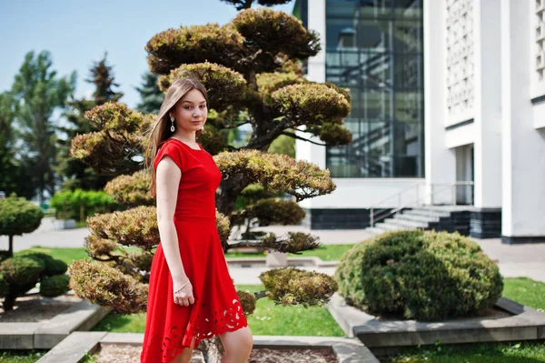 Kırmızı Elbiseli Genç Kız Güneşli Gün Açık Poz Verdi — Stok fotoğraf