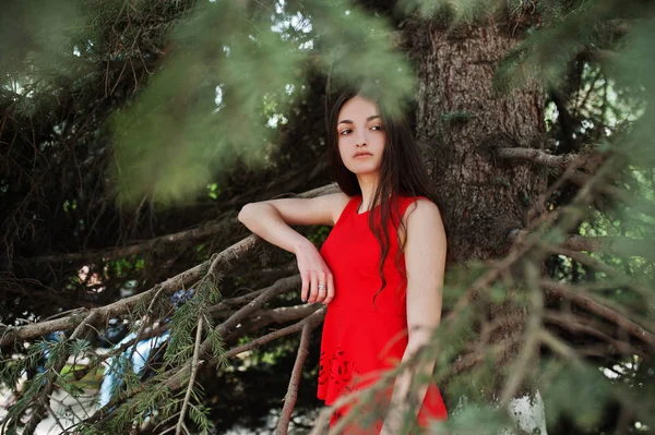 Menina Adolescente Vestido Vermelho Posou Livre Dia Ensolarado — Fotografia de Stock