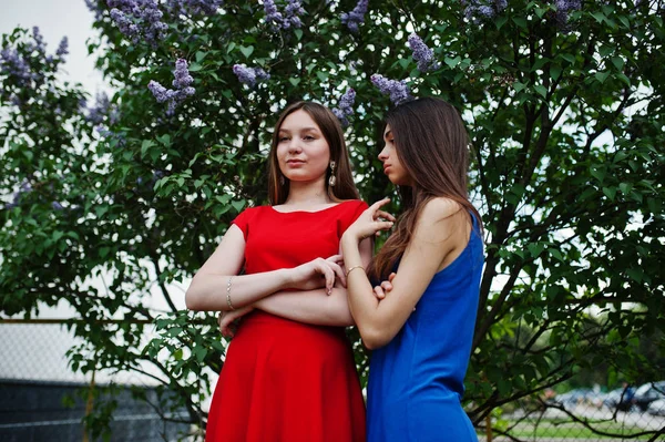 Dos Adolescentes Chica Vestidos Azules Rojos Posaron Aire Libre Abrazos — Foto de Stock