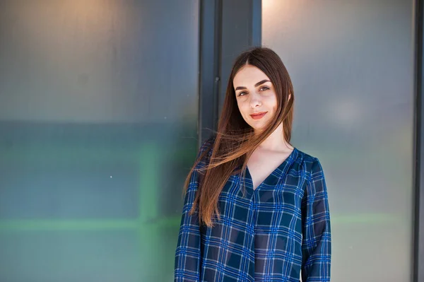 Portrait Young Brunette Girl Blue Checkered Shirt Large Windows — Stock Photo, Image