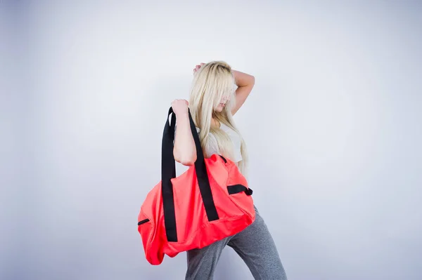 Blonde Sporty Girl Big Sport Bag Posed Studio White Background — Stock Photo, Image