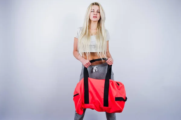 Blonde Sporty Girl Big Sport Bag Posed Studio White Background — Stock Photo, Image