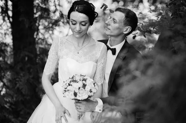 Hermosa Pareja Boda Sentados Disfrutando Piedra Bosque Foto Blanco Negro —  Fotos de Stock