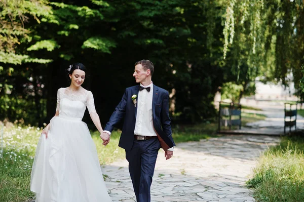 Gorgeous Wedding Couple Holding Hands Walking Park Sunny Day — Stock Photo, Image