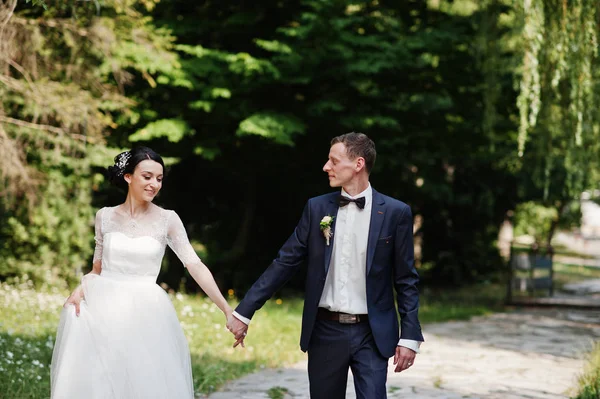 Lindo Casamento Casal Mãos Dadas Andando Parque Dia Ensolarado — Fotografia de Stock