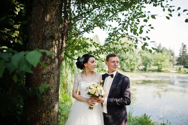 Pareja Recién Casada Posando Junto Árbol Junto Lago Estanque Día —  Fotos de Stock