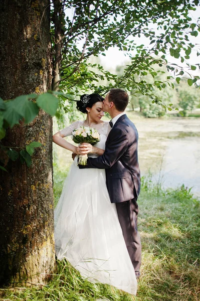 Casamento Recém Casado Posando Lado Árvore Junto Lago Lagoa Dia — Fotografia de Stock