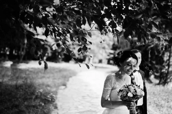 Gorgeous Wedding Couple Holding Hands Walking Park Sunny Day Black — Stock Photo, Image