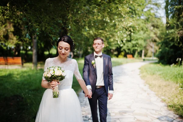 Gorgeous Wedding Couple Holding Hands Walking Park Sunny Day — Stock Photo, Image