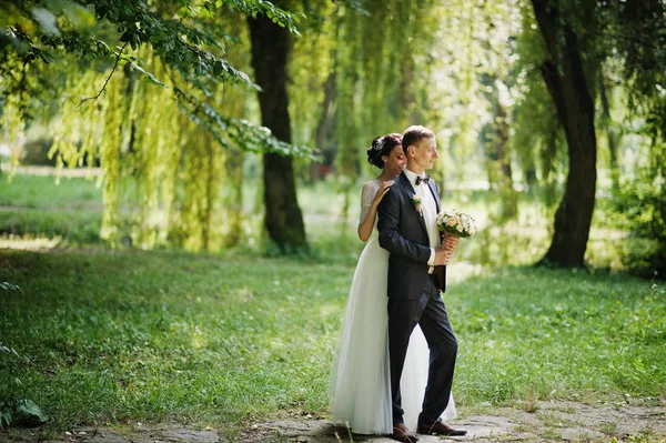 素晴らしい結婚式のカップルのポーズと美しい夏の日の公園でハグ — ストック写真