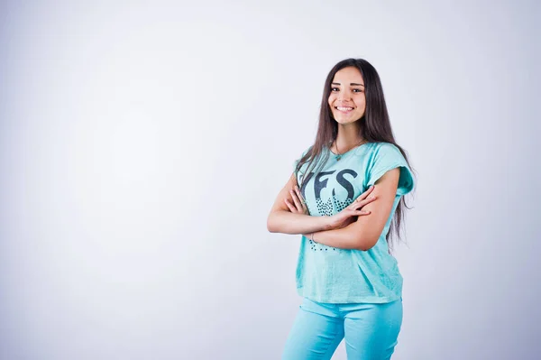 Portrait Young Beautiful Woman Blue Turquoise Shirt Trousers Posing Studio — Stock Photo, Image