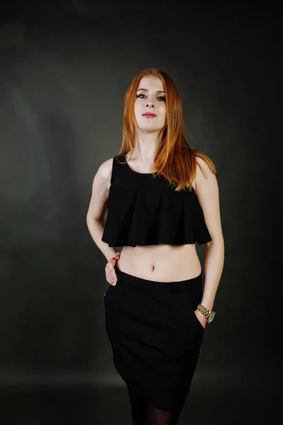 Portrait Beautiful Redheaded Girl Black Top Black Skirt Posing Studio — Stock Photo, Image