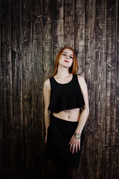 Portrait Beautiful Redheaded Girl Black Top Black Skirt Posing Studio — Stock Photo, Image